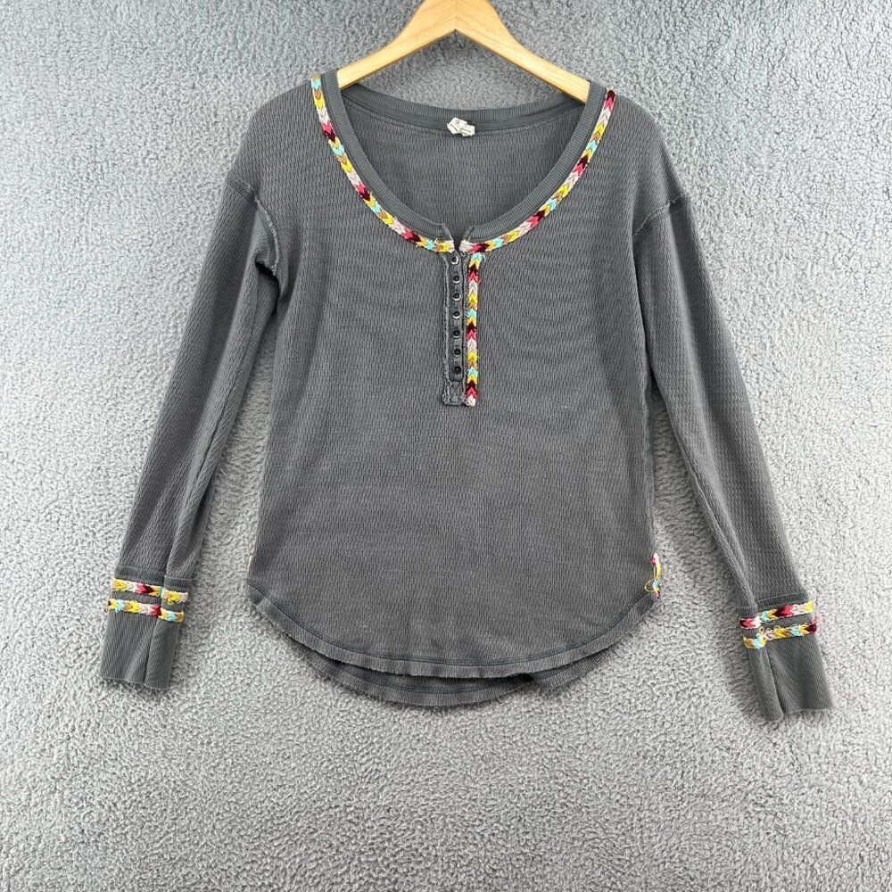 Free People Gray Long Sleeve Top with Multicolor Trim - Picture 4 of 15